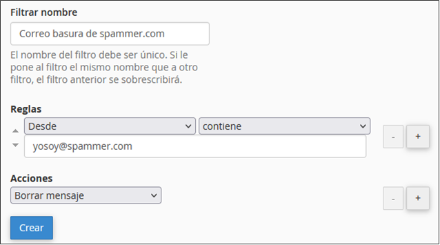 Filtrar nombre: Correo basura de spammer.com | Reglas: [Desde] - [Contiene]: yosoy@spammer.com | Acciones: Borrar mensaje