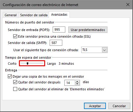Seleccionar la pestaña Avanzadas y externder el tiempo de espera del servidor a 3 minutos.